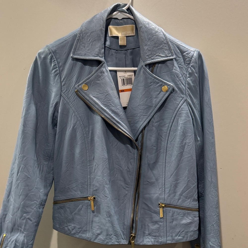Michael Kors Sky Blue Leather Jacket with Gold Accents